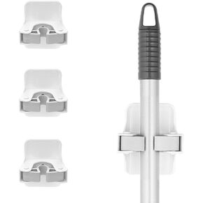 Superio Mop and Broom Holder, Set of 4 Single Piece Hooks, White Plastic Wall Mount Cleaning Storage Tool Organizer, Heavy-Duty Hook for Kitchen, Closet Garage, and Office