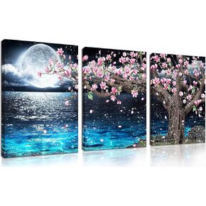 Blue Ocean Wall-Art - Pink Wall Decor for Office - Tree Wall Art for Living Room Moon 3 Pieces Canvas Art Picture 16x12 Inches