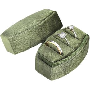 WantGor Velvet Ring Box, 3 Slots Jewelry Ring Gift Boxs Three Rings Holder Box Vintage Ring Display Case Jewelry Organizer for Wedding Ceremony Proposal Engagement (Olive Green)