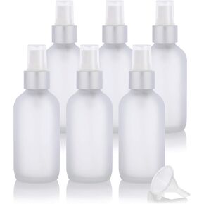 JUVITUS 4 oz Clear Frosted Glass Boston Round Bottle with Silver Fine Mist Spray (6 Pack) + Funnel