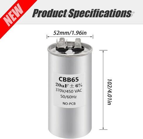 20 uF ± 5% CBB65 370V/450V AC -40 ℃ to+70 ℃/-104 ℉ to+158 ℉ 50/60 Hz Dual Run Circular Start Capacitor in Saudi Arabia