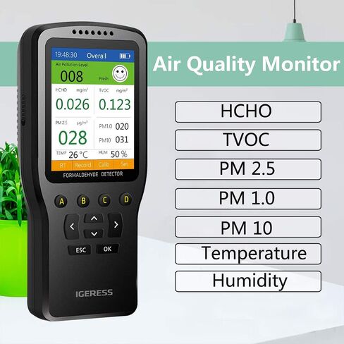 جهاز مراقبة جودة الهواء الداخلي من VSON، كاشف الفورمالديهايد، TVOC/HCHO/PM2.5/PM10/PM1.0 مقياس درجة الحرارة والرطوبة، بيانات في الوقت الحقيقي، شاشة ملونة (شحن USB) in Saudi Arabia