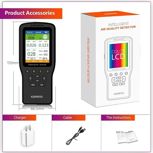 جهاز مراقبة جودة الهواء الداخلي من VSON، كاشف الفورمالديهايد، TVOC/HCHO/PM2.5/PM10/PM1.0 مقياس درجة الحرارة والرطوبة، بيانات في الوقت الحقيقي، شاشة ملونة (شحن USB) in Saudi Arabia
