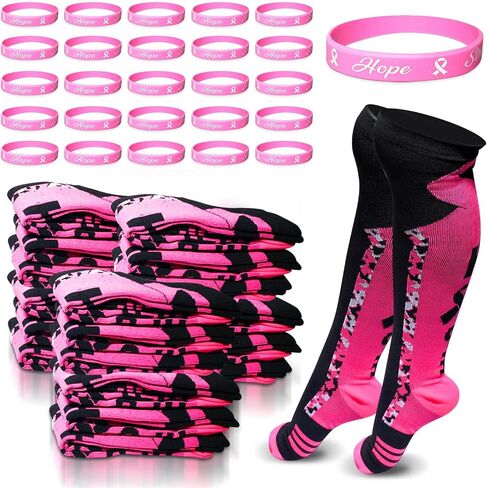 25 Pairs Breast Cancer Awareness Socks Pink Ribbon Calf Socks Knee High Socks 25 Pcs Wristbands Softball Soccer Football for Women Men in Saudi Arabia
