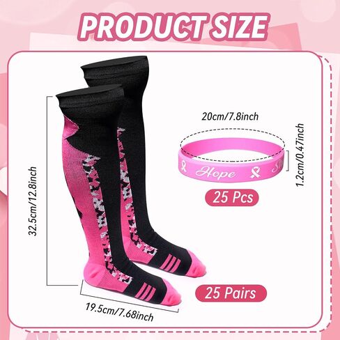 25 Pairs Breast Cancer Awareness Socks Pink Ribbon Calf Socks Knee High Socks 25 Pcs Wristbands Softball Soccer Football for Women Men in Saudi Arabia