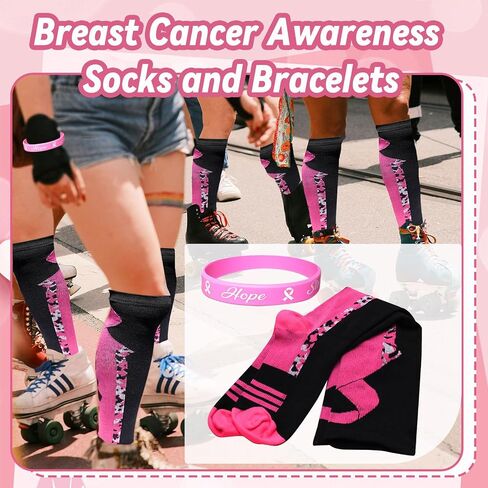 25 Pairs Breast Cancer Awareness Socks Pink Ribbon Calf Socks Knee High Socks 25 Pcs Wristbands Softball Soccer Football for Women Men in Saudi Arabia