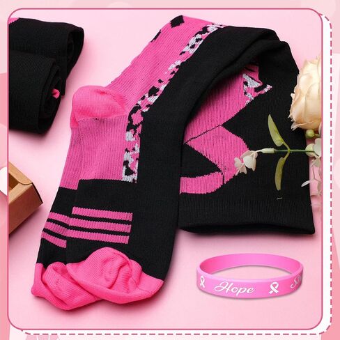 25 Pairs Breast Cancer Awareness Socks Pink Ribbon Calf Socks Knee High Socks 25 Pcs Wristbands Softball Soccer Football for Women Men in Saudi Arabia