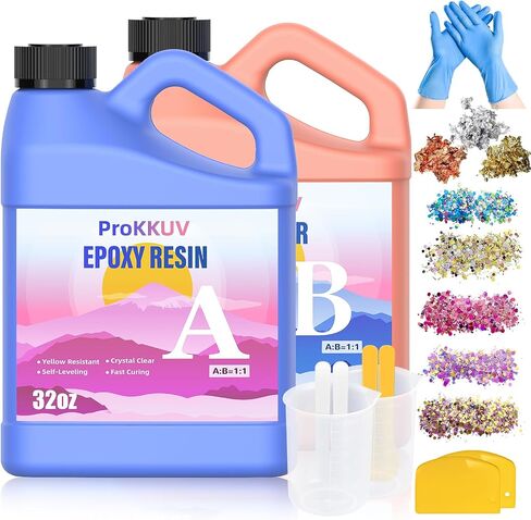 Epoxy Resin Kit, 64OZ Kit Crystal Clear Resin Epoxy, Bubble Free, No Yellowing, UV Resistant, Food Safe with Foil Flakes, Sequin, Easy Mix 1:1 for DIY Crafts Resin Jewelry Making(32OZ x 2) in Saudi Arabia
