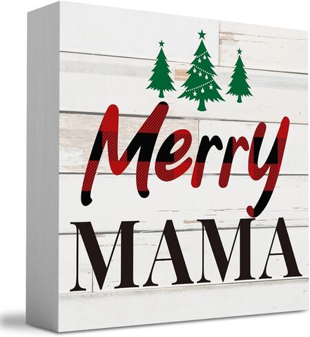 ريفي مرح ماما مرح شجرة عيد الميلاد صندوق خشبي علامة، مزرعة عيد الميلاد سانتا ديكور العمل الفني، الخشب مربع علامة مكتب كتلة علامات المنزل الجرف مكتب الديكور 5 × 5 بوصة in Kuwait