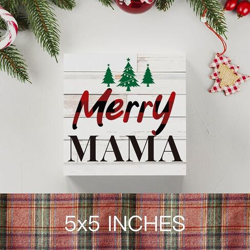 ريفي مرح ماما مرح شجرة عيد الميلاد صندوق خشبي علامة، مزرعة عيد الميلاد سانتا ديكور العمل الفني، الخشب مربع علامة مكتب كتلة علامات المنزل الجرف مكتب الديكور 5 × 5 بوصة in Kuwait