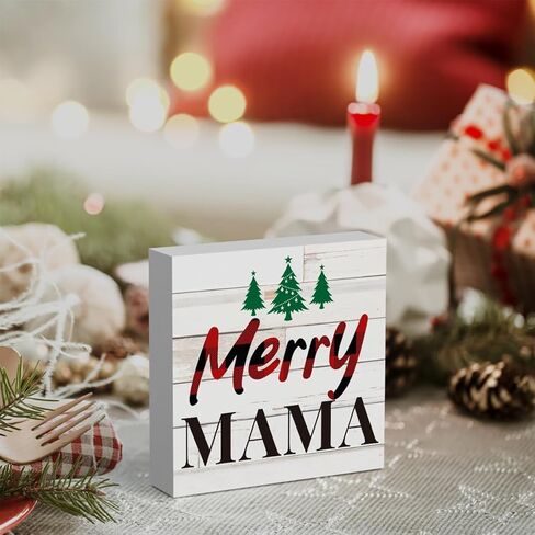 ريفي مرح ماما مرح شجرة عيد الميلاد صندوق خشبي علامة، مزرعة عيد الميلاد سانتا ديكور العمل الفني، الخشب مربع علامة مكتب كتلة علامات المنزل الجرف مكتب الديكور 5 × 5 بوصة in Kuwait
