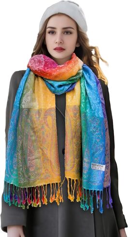 Wander Agio Womens Pashmina Shawl Party Jacquard Wraps Evening Dress Silk Like Wrap Long Silky Satin Face Scarf Colourful in Saudi Arabia