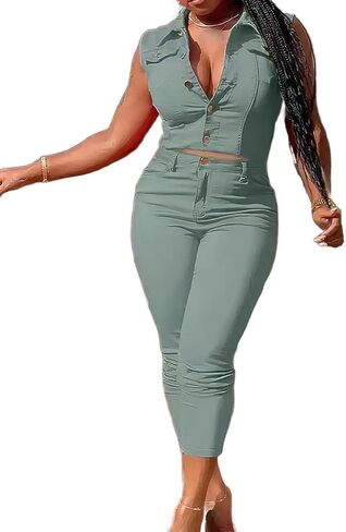 Flamingals Women's Solid Flap Pocket Sleeveless Top & Capri Pants Set Casual Set in Saudi Arabia