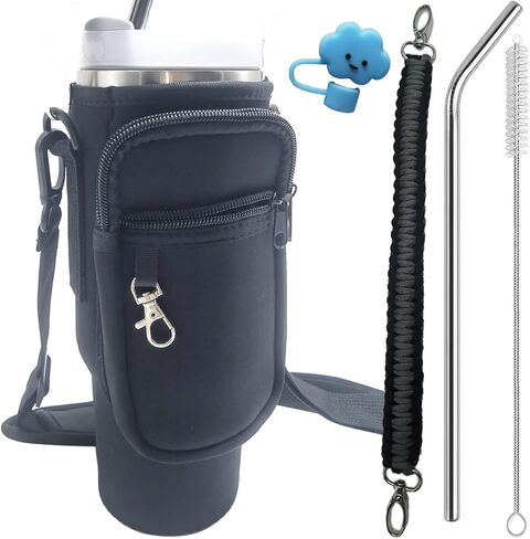 Fits Stanley 40 OZ Water Bottle Bag，Dual storage pocket design，with Key Fob, Adjustable Shoulder Strap, Cloud Straw Cover and Stainless Steel Straw,Hand-woven handle cord(Purple) in Saudi Arabia