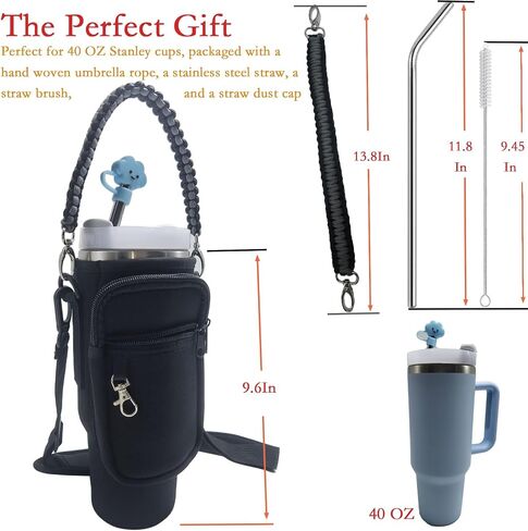 Fits Stanley 40 OZ Water Bottle Bag，Dual storage pocket design，with Key Fob, Adjustable Shoulder Strap, Cloud Straw Cover and Stainless Steel Straw,Hand-woven handle cord(Purple) in Saudi Arabia