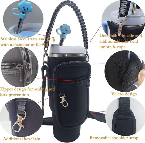 Fits Stanley 40 OZ Water Bottle Bag，Dual storage pocket design，with Key Fob, Adjustable Shoulder Strap, Cloud Straw Cover and Stainless Steel Straw,Hand-woven handle cord(Purple) in Saudi Arabia
