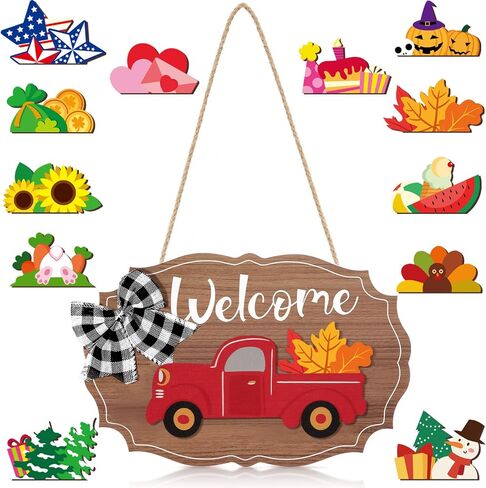 Qunclay 12 Pieces Interchangeable Truck Blank Welcome Sign Seasonal Truck Sign Red Truck Decor with Wooden Cutouts for Holiday Thanksgiving Halloween Christmas Party (Natural,Irregular Style) in Saudi Arabia