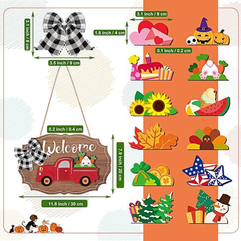 Qunclay 12 Pieces Interchangeable Truck Blank Welcome Sign Seasonal Truck Sign Red Truck Decor with Wooden Cutouts for Holiday Thanksgiving Halloween Christmas Party (Natural,Irregular Style) in Saudi Arabia