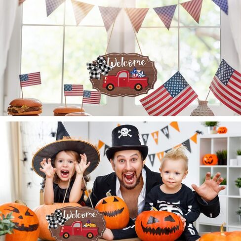 Qunclay 12 Pieces Interchangeable Truck Blank Welcome Sign Seasonal Truck Sign Red Truck Decor with Wooden Cutouts for Holiday Thanksgiving Halloween Christmas Party (Natural,Irregular Style) in Saudi Arabia