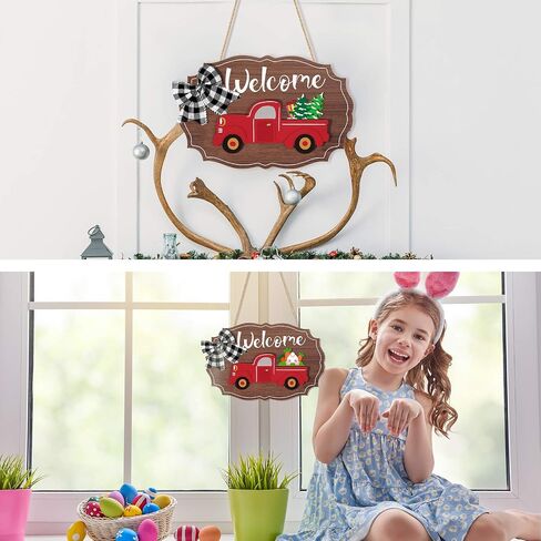 Qunclay 12 Pieces Interchangeable Truck Blank Welcome Sign Seasonal Truck Sign Red Truck Decor with Wooden Cutouts for Holiday Thanksgiving Halloween Christmas Party (Natural,Irregular Style) in Saudi Arabia