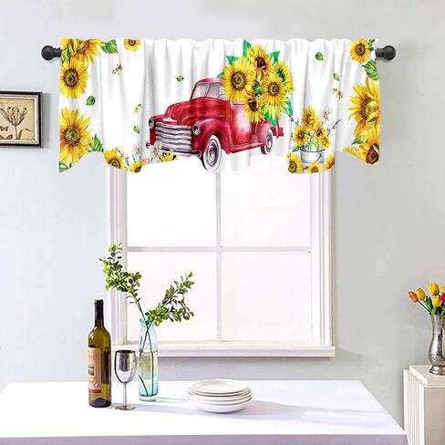 54 * 18 بوصة شاحنة حمراء مع عباد الشمس نافذة المعالجة الستارة خمر نمط البلد تصميم قضيب جيب نافذة ستارة الستارة للمطبخ الحمام غرفة المعيشة غرفة النوم الديكور in Kuwait