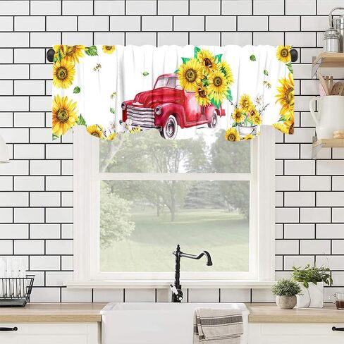 54 * 18 بوصة شاحنة حمراء مع عباد الشمس نافذة المعالجة الستارة خمر نمط البلد تصميم قضيب جيب نافذة ستارة الستارة للمطبخ الحمام غرفة المعيشة غرفة النوم الديكور in Kuwait