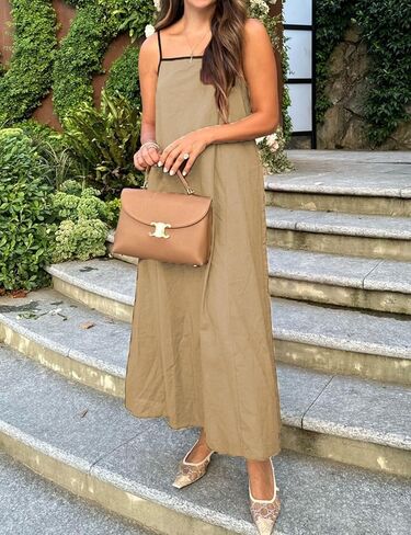 فستان نسائي طويل من الكتان بحافة متباينة وأشرطة سباغيتي ملابس صيفية للسفر والإجازات فساتين طويلة بدون أكمام in Kuwait