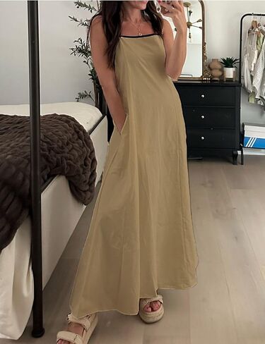 فستان نسائي طويل من الكتان بحافة متباينة وأشرطة سباغيتي ملابس صيفية للسفر والإجازات فساتين طويلة بدون أكمام in Kuwait