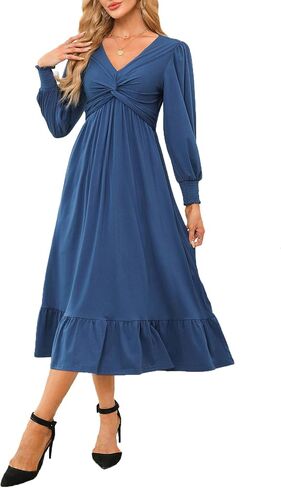 Dokotoo Womens 2024 Wrap V-Neck Twist Knot Long Sleeve Empire Waist Midi Dress A-Line Ruched Flowy Dress with Pockets in Saudi Arabia