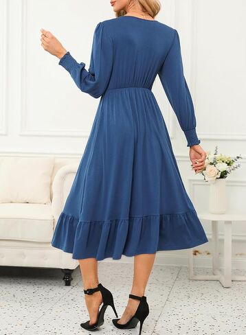 Dokotoo Womens 2024 Wrap V-Neck Twist Knot Long Sleeve Empire Waist Midi Dress A-Line Ruched Flowy Dress with Pockets in Saudi Arabia