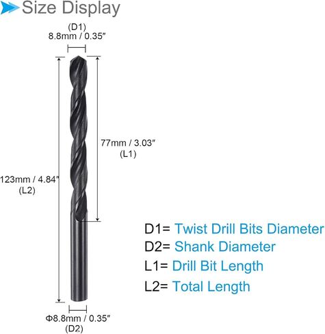6542 High Speed Steel Twist Drill Bits, 8.8mm Diameter 123mm Length, Black Oxide Straight Twist Jobber Drill Bit - (Applications: for Metal Woodwork Plastic Aluminum) in Saudi Arabia