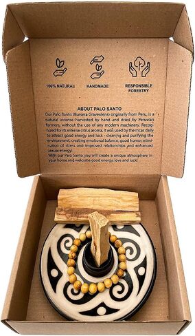 / Energy Box: Authentic Pottery Holder for Palo Santo from Chulucanas Peru + 5 Palo Santo Smudging Sticks + 1 Palo Santo Bracelet. Highly Aromatic. Spiritually Cleansing. Handmade Sustainable in Saudi Arabia