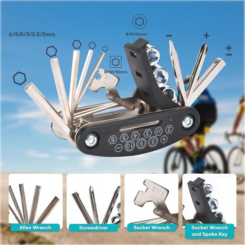 مجموعة أدوات الدراجة من Anchorgoods - مجموعة أدوات إصلاح الدراجات مقاس 3.7 × 8.6 بوصة - أدوات متعددة للدراجات من الصلب والبلاستيك مع حقيبة - تتضمن مجموعة الأدوات مقبسًا ومفكات ومفكات براغي ومفاتيح ربط وأكثر - أسود in Saudi Arabia