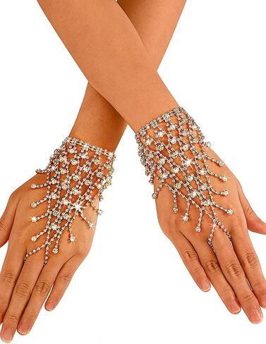 Fingerless Sparkle Gloves Rhinestone Silver Gloves Cosplay Adjustable Tassel Hand Chains Jewelry Party Accessories for Women and Girls in Saudi Arabia