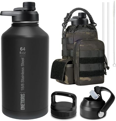 OneTigris Tactical Half Gallon Water Bottle with Straw - 64 oz Vacuum Insulated Stainless Steel Water Jug, Leakproof Sport Bottle with 3 BPA Free Lids, Paracord Handle & MOLLE Water Pouch for Outdoor in Saudi Arabia
