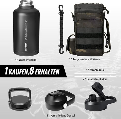 OneTigris Tactical Half Gallon Water Bottle with Straw - 64 oz Vacuum Insulated Stainless Steel Water Jug, Leakproof Sport Bottle with 3 BPA Free Lids, Paracord Handle & MOLLE Water Pouch for Outdoor in Saudi Arabia