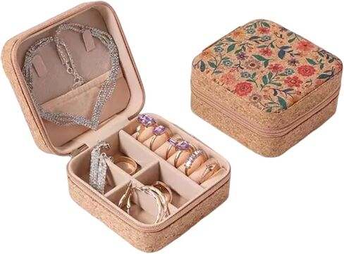 Travel Jewelry Box Women's Mini Jewelry Box Small Jewelry Organizer Exquisite Light Luxury Cork Jewelry Box Portable Travel Earring Ring Necklace Fashion Retro Jewelry Box (3) in Saudi Arabia