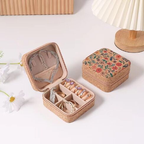 Travel Jewelry Box Women's Mini Jewelry Box Small Jewelry Organizer Exquisite Light Luxury Cork Jewelry Box Portable Travel Earring Ring Necklace Fashion Retro Jewelry Box (3) in Saudi Arabia
