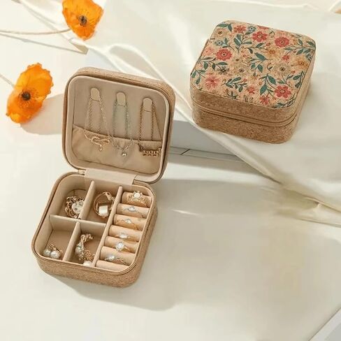 Travel Jewelry Box Women's Mini Jewelry Box Small Jewelry Organizer Exquisite Light Luxury Cork Jewelry Box Portable Travel Earring Ring Necklace Fashion Retro Jewelry Box (3) in Saudi Arabia