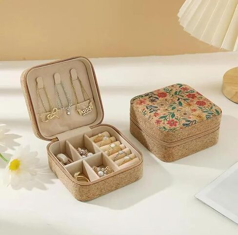 Travel Jewelry Box Women's Mini Jewelry Box Small Jewelry Organizer Exquisite Light Luxury Cork Jewelry Box Portable Travel Earring Ring Necklace Fashion Retro Jewelry Box (3) in Saudi Arabia