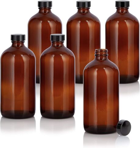 JUVITUS 16 oz Amber Glass Boston Round Bottle with Airtight Black Phenolic Cap (2 Pack) in Saudi Arabia