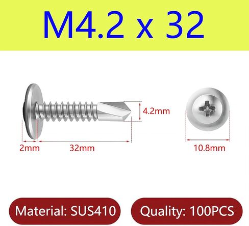 100 Pcs Self Drilling Screws, Stainless Steel Self Tapping Screws, M4.2 x 32 mm Sheet Metal Screws, Round Head Phillips Screws for Metal, Wood in Saudi Arabia