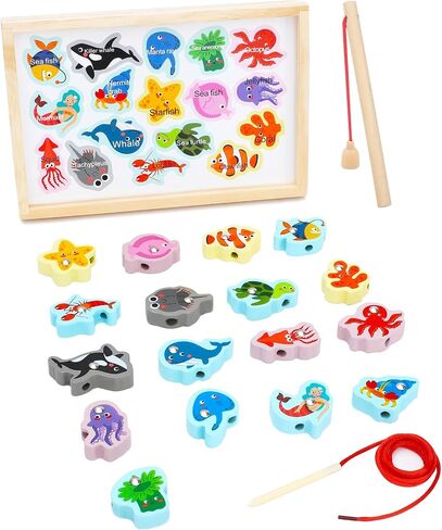 ONEST 28 Pieces Magnetic Fishing Game for Kids Wooden Magnet Fishing Game Wooden Magnetic Toys for Kindergarten Preschool Girl Boy in Saudi Arabia