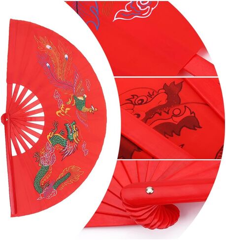 الكونغ فو القتال مروحة الصينية Taichi فنون الدفاع عن النفس الرقص مروحة خيزران التنين + فينيكس للطي اليد مروحة الأحمر تاي تشي ممارسة مروحة in Saudi Arabia