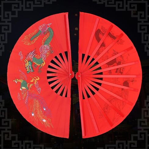الكونغ فو القتال مروحة الصينية Taichi فنون الدفاع عن النفس الرقص مروحة خيزران التنين + فينيكس للطي اليد مروحة الأحمر تاي تشي ممارسة مروحة in Saudi Arabia