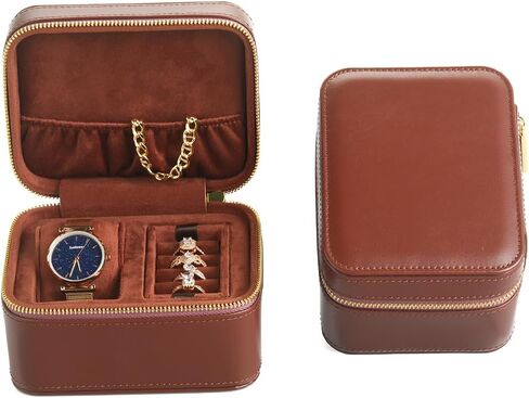 Watch Jewelry Travel Case for Men and Women, 1 Slot Watch Pouch with Jewelry Holder, Ring Necklace Earring Organizer for Home Storage, Travel and Display(Brown) in Saudi Arabia