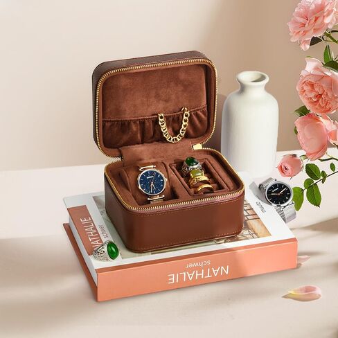 Watch Jewelry Travel Case for Men and Women, 1 Slot Watch Pouch with Jewelry Holder, Ring Necklace Earring Organizer for Home Storage, Travel and Display(Brown) in Saudi Arabia