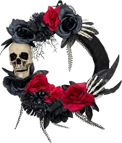 Halloween Skeleton Wreath for Front Door with Red and Black Artificial Roses, Gothic Garland Creepy Decor for Home, 18 Inch in Saudi Arabia