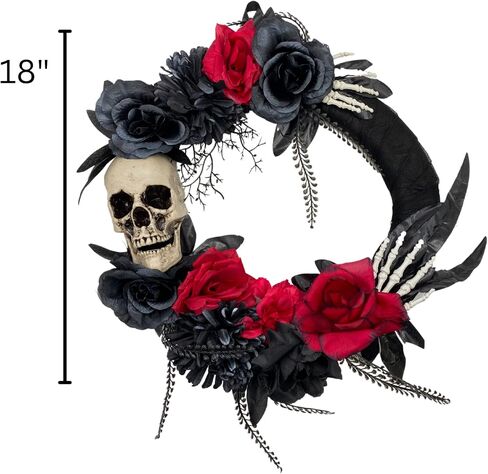 Halloween Skeleton Wreath for Front Door with Red and Black Artificial Roses, Gothic Garland Creepy Decor for Home, 18 Inch in Saudi Arabia