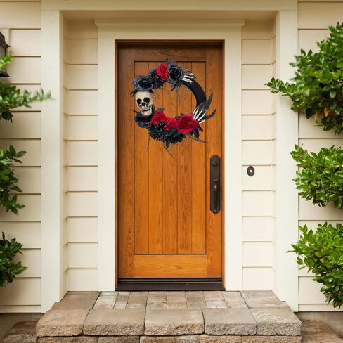 Halloween Skeleton Wreath for Front Door with Red and Black Artificial Roses, Gothic Garland Creepy Decor for Home, 18 Inch in Saudi Arabia